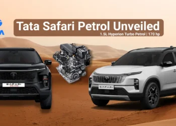 Tata Safari petrol unveiled with 1.5L Hyperion turbo petrol engine, shown with black and white Safari SUVs and engine graphic