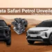Tata Safari petrol unveiled with 1.5L Hyperion turbo petrol engine, shown with black and white Safari SUVs and engine graphic