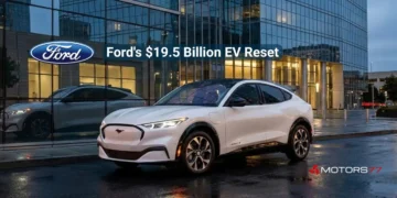 Ford electric vehicle outside corporate headquarters symbolising Ford’s $19.5 billion EV restructuring and strategic reset in 2025