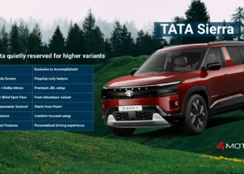 Tata Sierra variant-wise feature highlights showing ADAS Level 2+, triple screen infotainment, JBL audio and panoramic sunroof