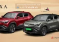 Maruti E Vitara electric SUV in red and silver showcasing front and side design