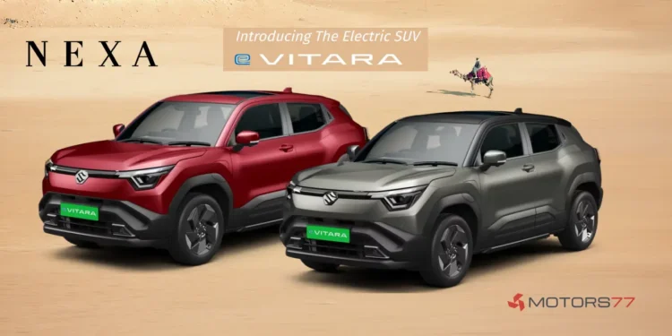 Maruti E Vitara electric SUV in red and silver showcasing front and side design