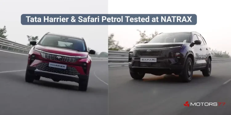 Tata Harrier and Safari petrol SUVs undergoing performance testing at NATRAX