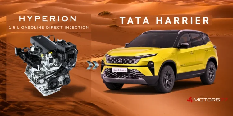 Tata Harrier Petrol with 1.5L Hyperion turbo engine illustrated against desert background