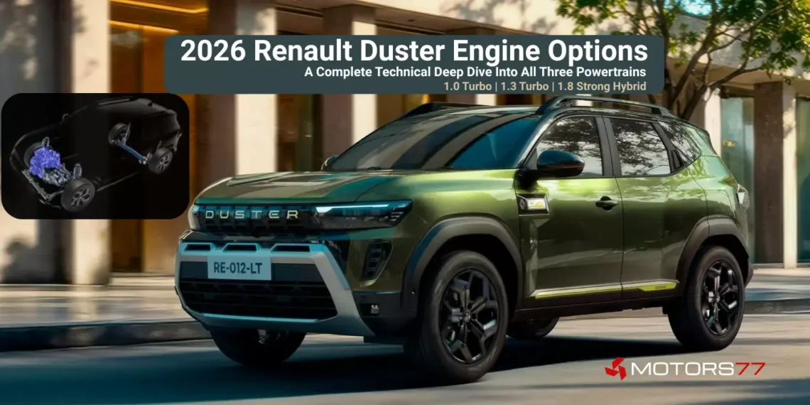2026 Renault Duster engine options showing 1.0 turbo, 1.3 turbo petrol and 1.8 strong hybrid powertrain