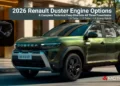 2026 Renault Duster engine options showing 1.0 turbo, 1.3 turbo petrol and 1.8 strong hybrid powertrain