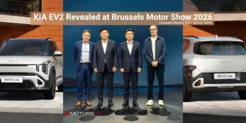 KIA EV2 revealed at the Brussels Motor Show 2026 showcasing the compact electric SUV with front and rear design