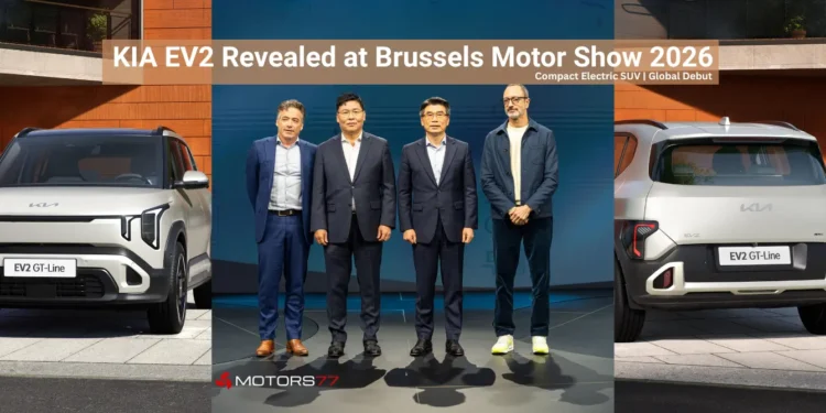 KIA EV2 revealed at the Brussels Motor Show 2026 showcasing the compact electric SUV with front and rear design