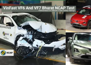 VinFast VF6 and VF7 Bharat NCAP crash test showing frontal and side impact results with both electric SUVs securing 5-star safety ratings