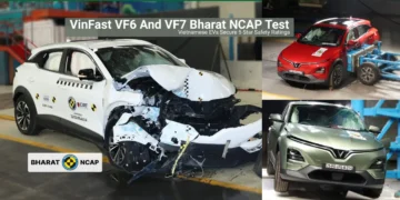 VinFast VF6 and VF7 Bharat NCAP crash test showing frontal and side impact results with both electric SUVs securing 5-star safety ratings