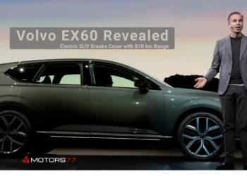 Volvo EX60 revealed at global debut showing side profile design of the electric SUV with presenter during official launch event