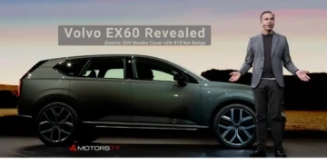 Volvo EX60 revealed at global debut showing side profile design of the electric SUV with presenter during official launch event