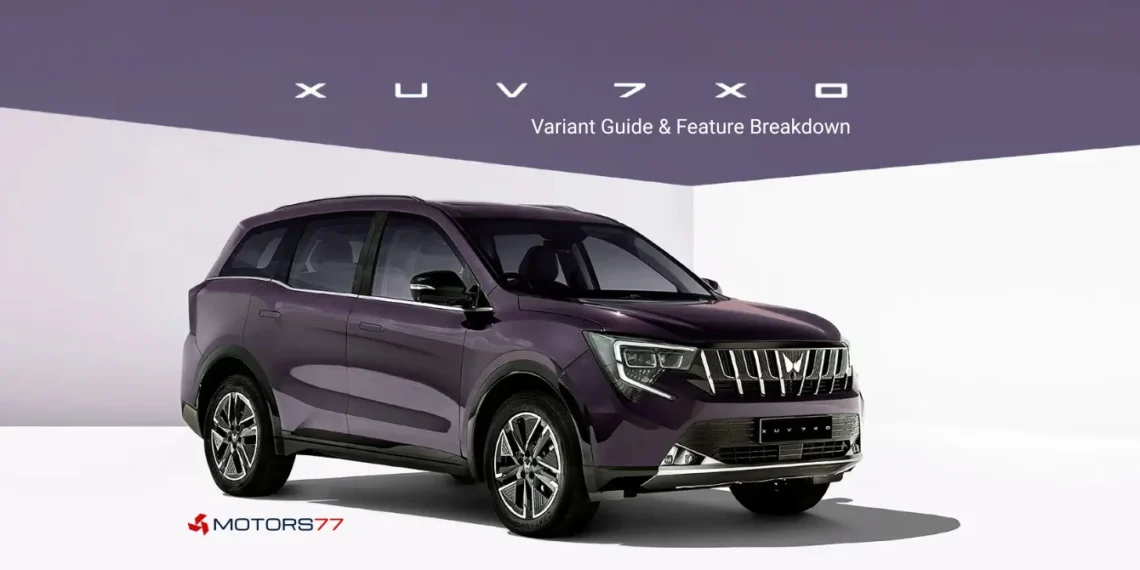 Mahindra XUV7XO Variant Guide banner showing SUV exterior with variant guide and feature breakdown