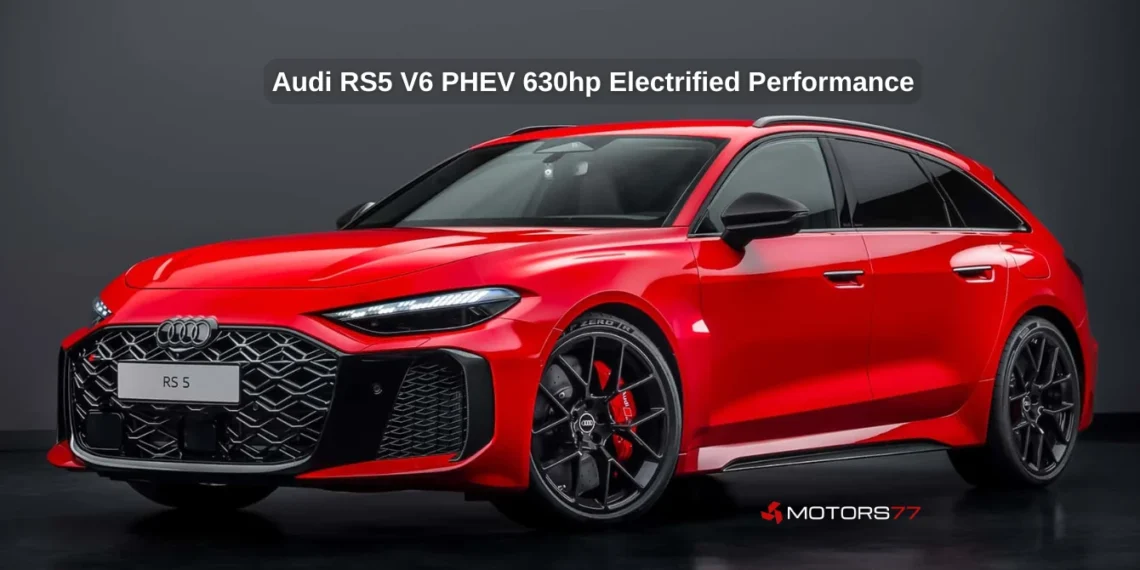 Audi RS5 V6 PHEV 630hp plug-in hybrid sports sedan in red studio shot 2026