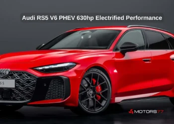 Audi RS5 V6 PHEV 630hp plug-in hybrid sports sedan in red studio shot 2026