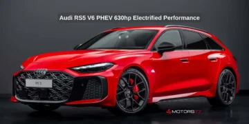 Audi RS5 V6 PHEV 630hp plug-in hybrid sports sedan in red studio shot 2026