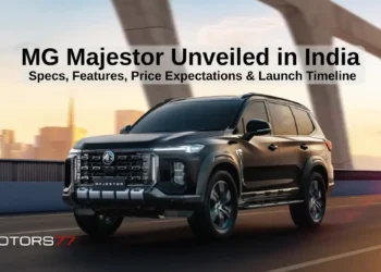 MG Majestor unveiled in India 2026 showcasing front design, grille, and LED headlights on bridge