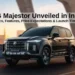 MG Majestor unveiled in India 2026 showcasing front design, grille, and LED headlights on bridge