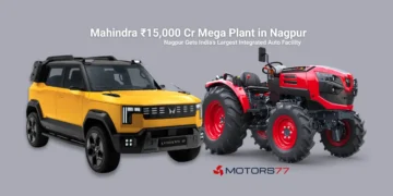 Mahindra ₹15,000 crore mega plant in Nagpur announcement banner showing SUV and tractor
