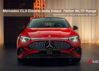 Mercedes CLA Electric front view showcasing illuminated grille and 792km WLTP range ahead of India debut in 2026