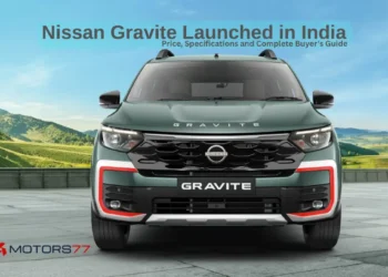 Nissan Gravite launched in India showing front view with price and specifications banner