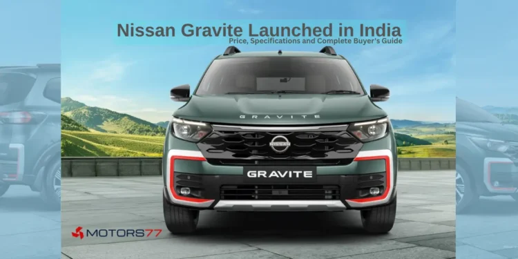Nissan Gravite launched in India showing front view with price and specifications banner