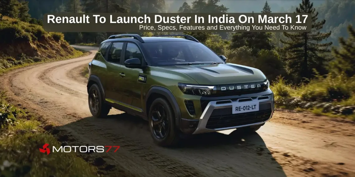 Renault Duster 2026 launch in India on March 17 banner showing SUV on mountain road