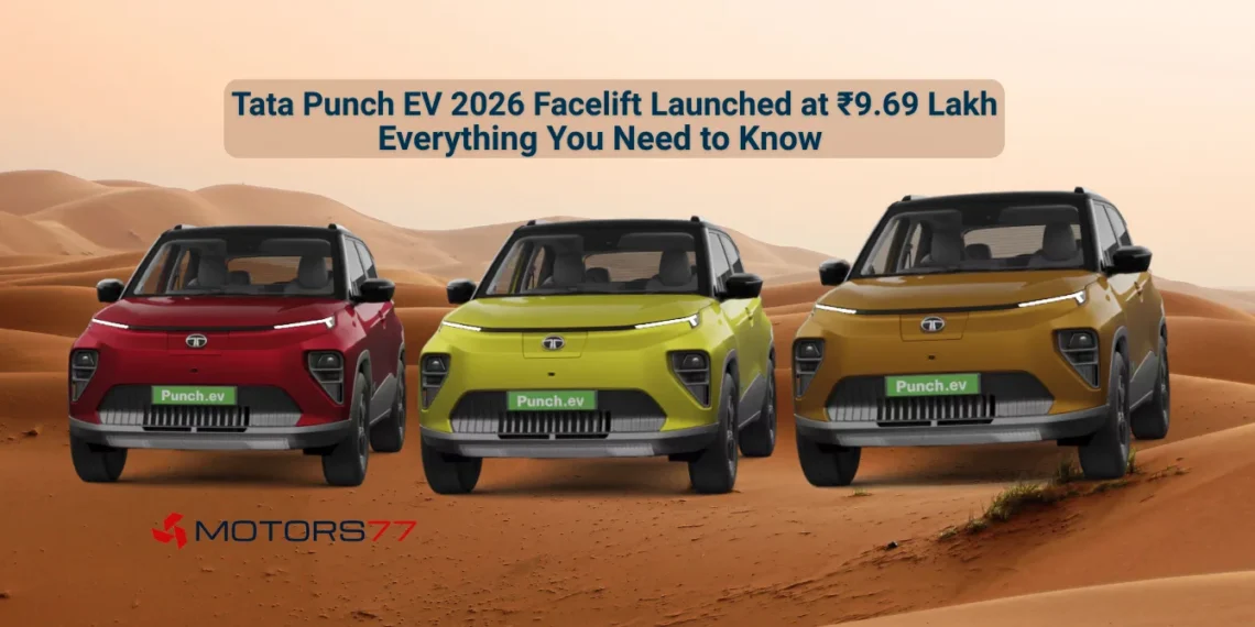 Tata Punch EV 2026 facelift launched at ₹9.69 lakh showing three colour variants in India