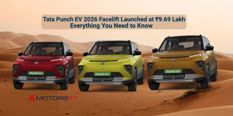 Tata Punch EV 2026 facelift launched at ₹9.69 lakh showing three colour variants in India
