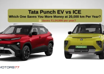Tata Punch EV vs Tata Punch petrol comparison showing front design and cost savings of ₹1,04,000 per year at 20,000 km annual usage