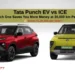 Tata Punch EV vs Tata Punch petrol comparison showing front design and cost savings of ₹1,04,000 per year at 20,000 km annual usage
