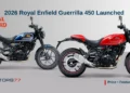 2026 Royal Enfield Guerrilla 450 launched in India showing red and blue variants with price features and specifications