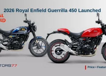 2026 Royal Enfield Guerrilla 450 launched in India showing red and blue variants with price features and specifications