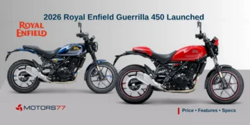 2026 Royal Enfield Guerrilla 450 launched in India showing red and blue variants with price features and specifications