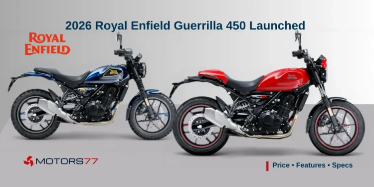 2026 Royal Enfield Guerrilla 450 launched in India showing red and blue variants with price features and specifications