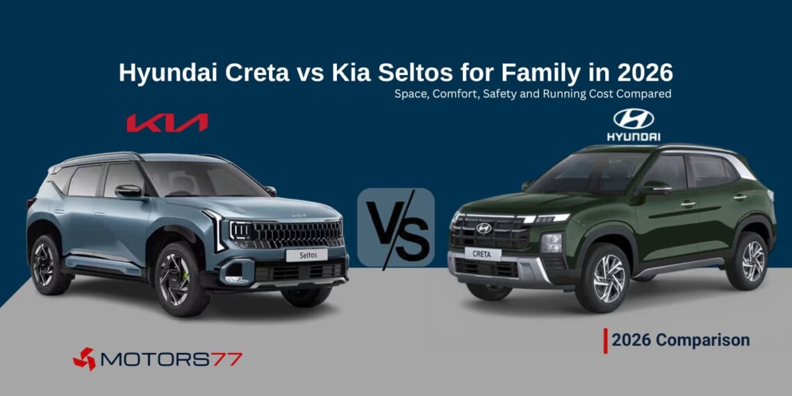 Hyundai Creta vs Kia Seltos 2026 comparison for family SUV buyers covering space comfort safety and running costs