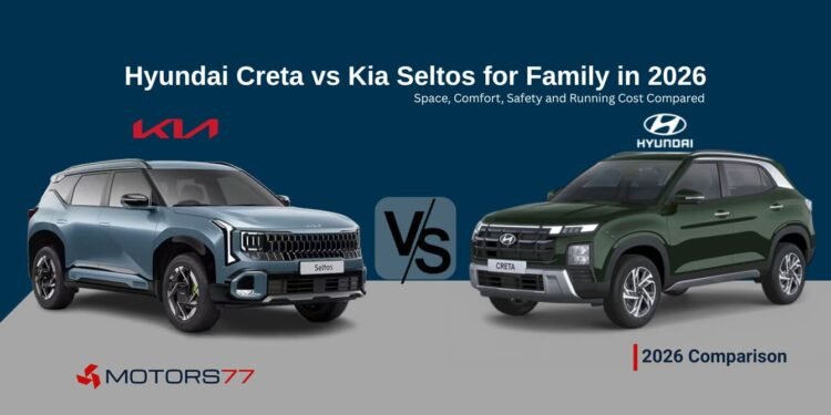 Hyundai Creta vs Kia Seltos 2026 comparison for family SUV buyers covering space comfort safety and running costs