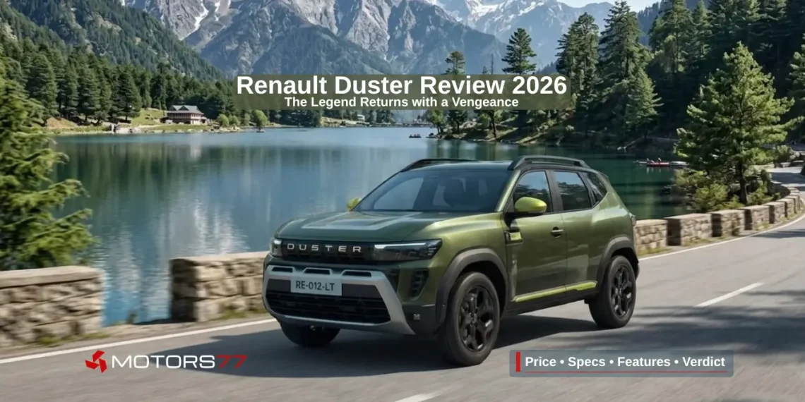 2026 Renault Duster SUV driving near a scenic mountain lake in Himachal Pradesh during road test review
