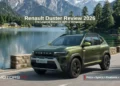 2026 Renault Duster SUV driving near a scenic mountain lake in Himachal Pradesh during road test review