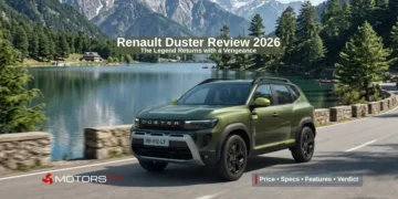 2026 Renault Duster SUV driving near a scenic mountain lake in Himachal Pradesh during road test review