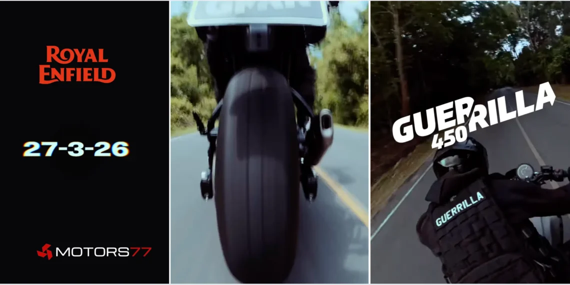 2026 Royal Enfield Guerrilla 450 teaser banner showing launch date March 27 2026