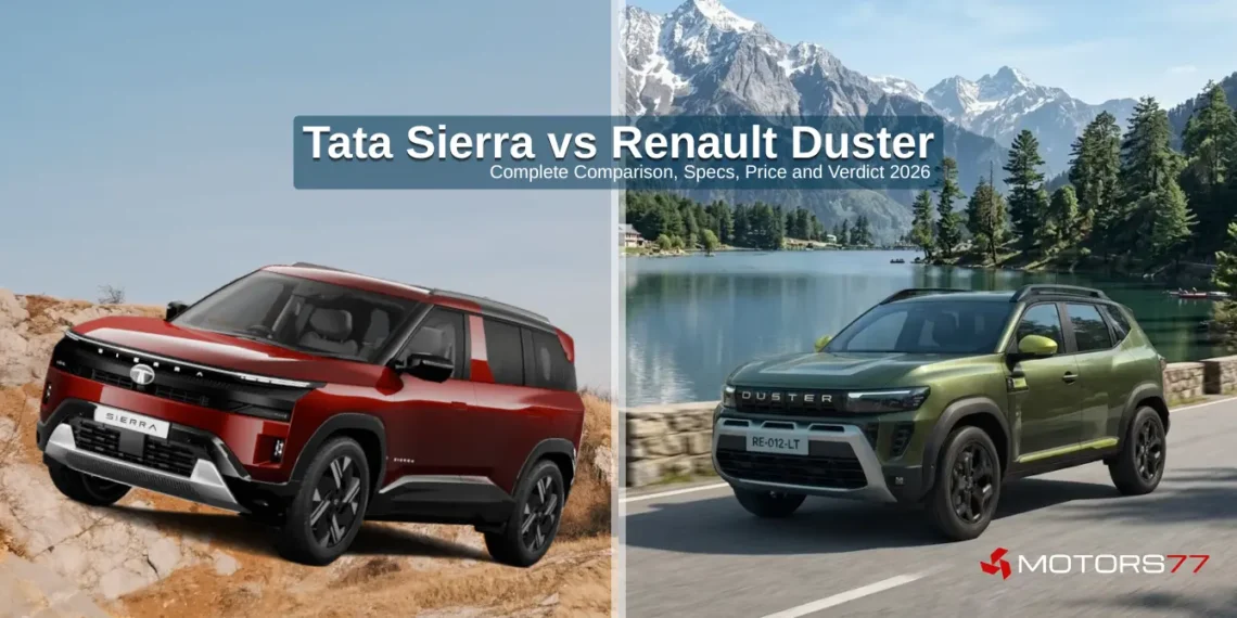 Tata Sierra vs Renault Duster comparison 2026 showing design, specs, price and features of both SUVs