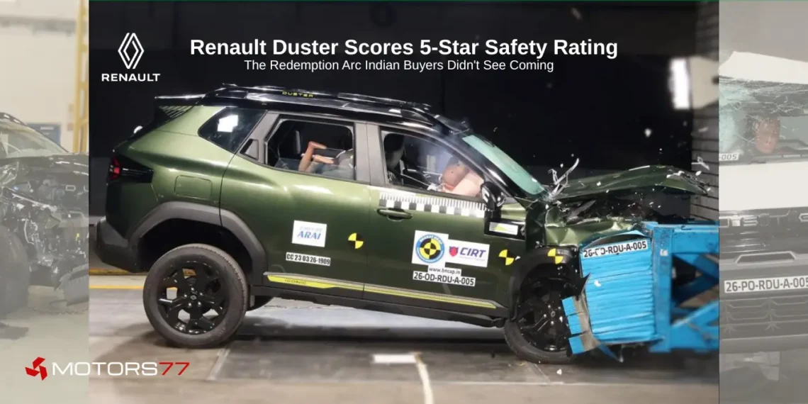 Renault Duster crash test during Bharat NCAP assessment where the SUV scored a 5-star safety rating with 30.49/32 AOP and 45/49 COP