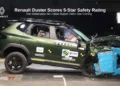 Renault Duster crash test during Bharat NCAP assessment where the SUV scored a 5-star safety rating with 30.49/32 AOP and 45/49 COP