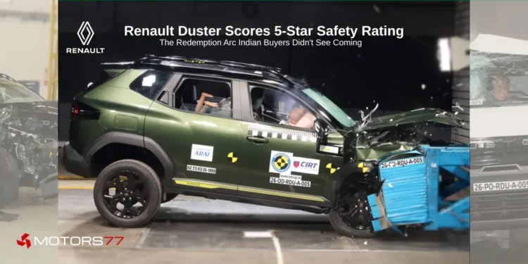 Renault Duster crash test during Bharat NCAP assessment where the SUV scored a 5-star safety rating with 30.49/32 AOP and 45/49 COP