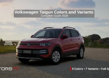 Volkswagen Taigun colors and variants guide 2026 showing red Taigun SUV front view