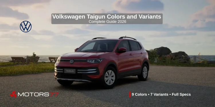 Volkswagen Taigun colors and variants guide 2026 showing red Taigun SUV front view