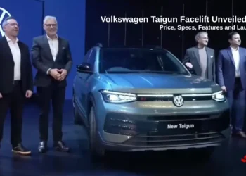Volkswagen Taigun Facelift unveiled in India showing the new SUV with LED light bar at launch event