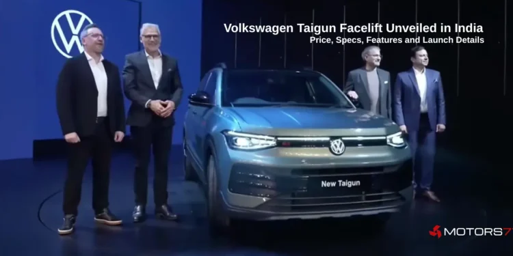 Volkswagen Taigun Facelift unveiled in India showing the new SUV with LED light bar at launch event
