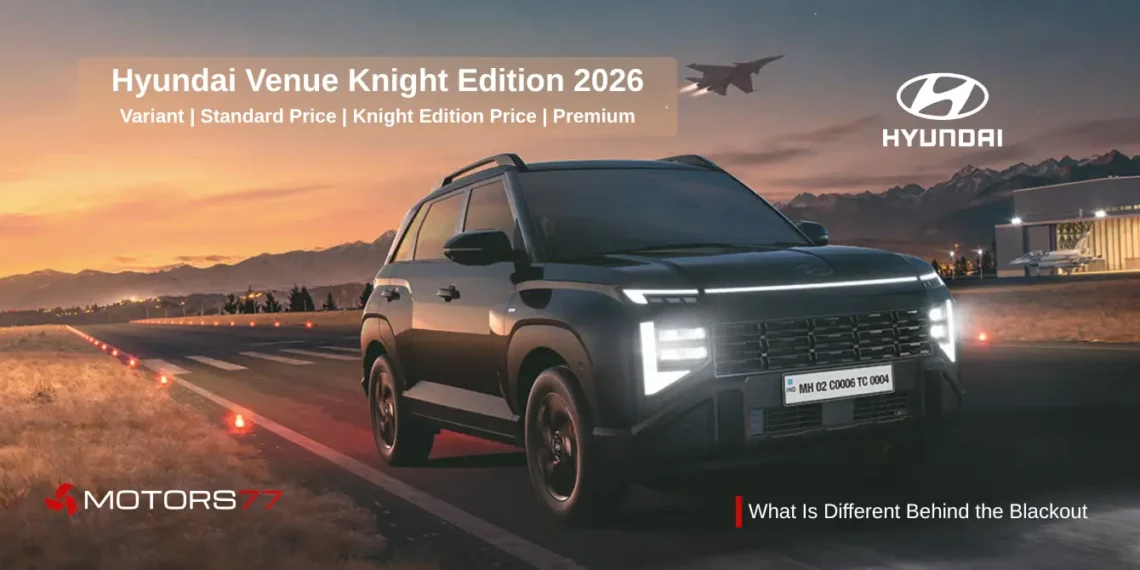 Hyundai Venue Knight Edition 2026 black edition SUV India exterior design with black alloy wheels and red brake calipers